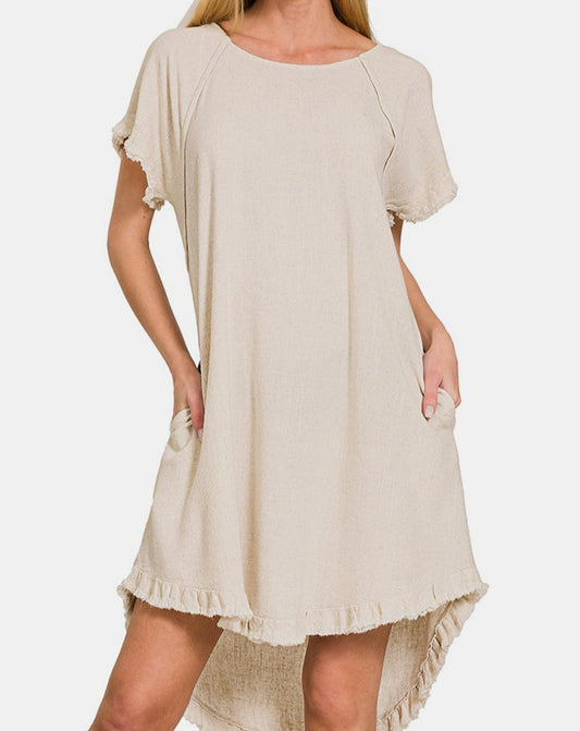 Zenana Fringe Edge High Low Flowy Dress with Pockets