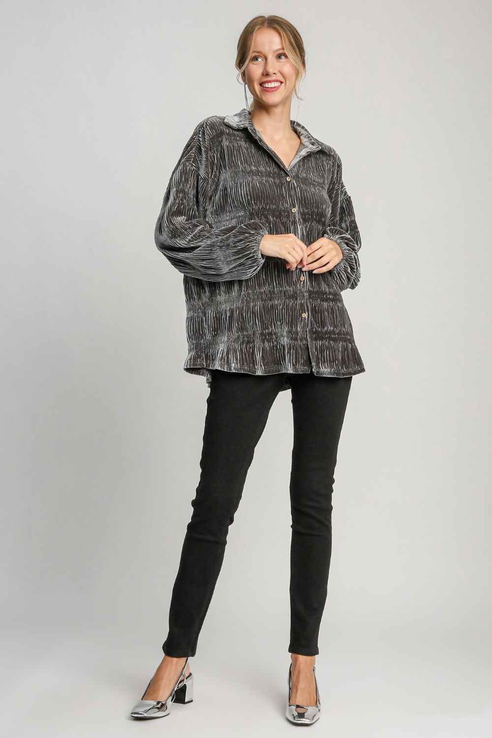 Ruched Tiered Button Up Shirt - Gunmetal Color