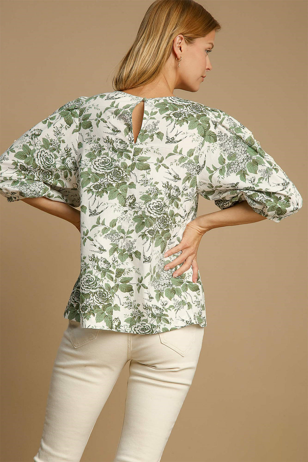 Floral Pleated Detail Lace Trim Sleeve Blouse - Sage