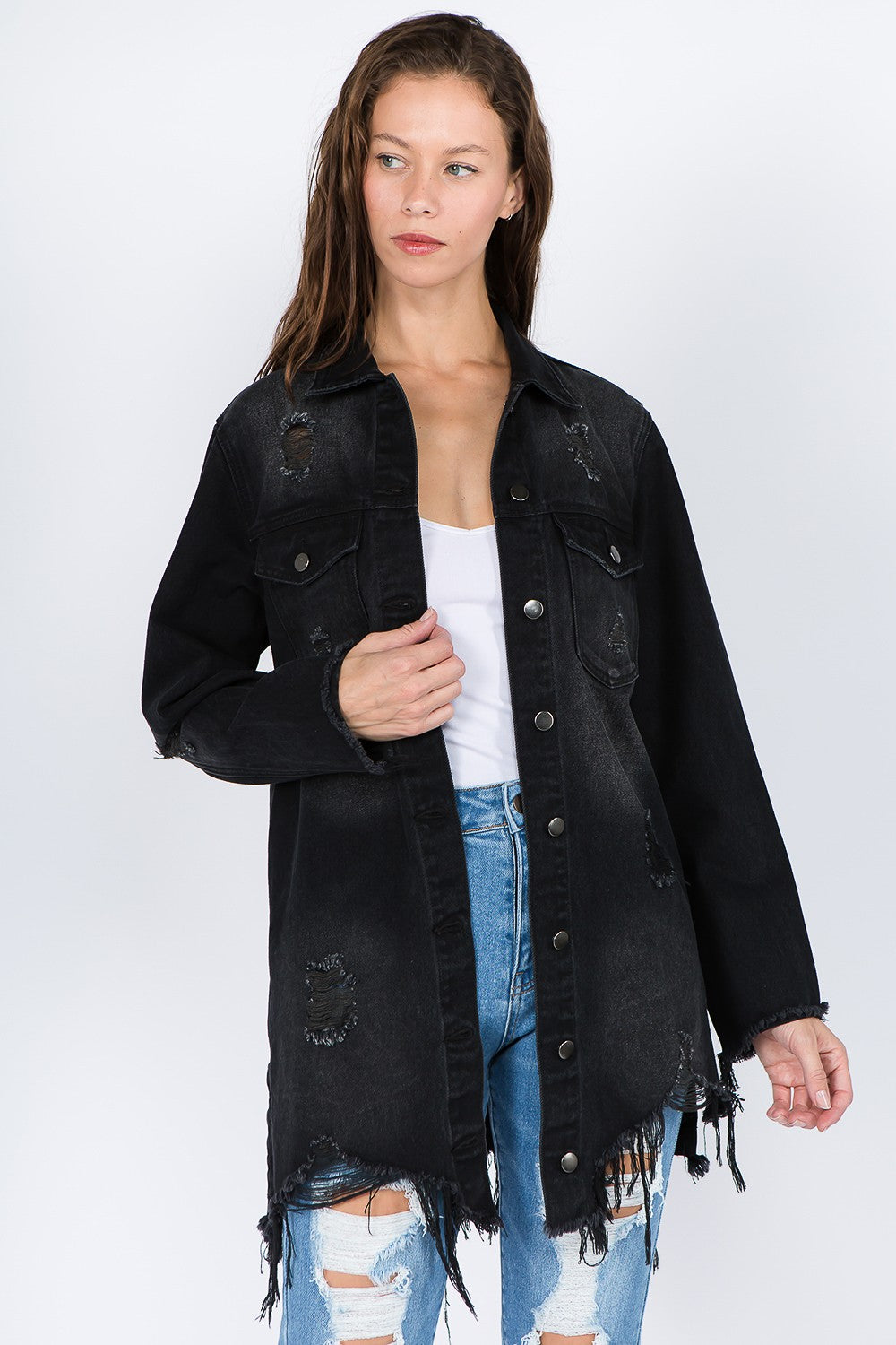 Distressed Frayed Hem Denim Jacket/Shacket