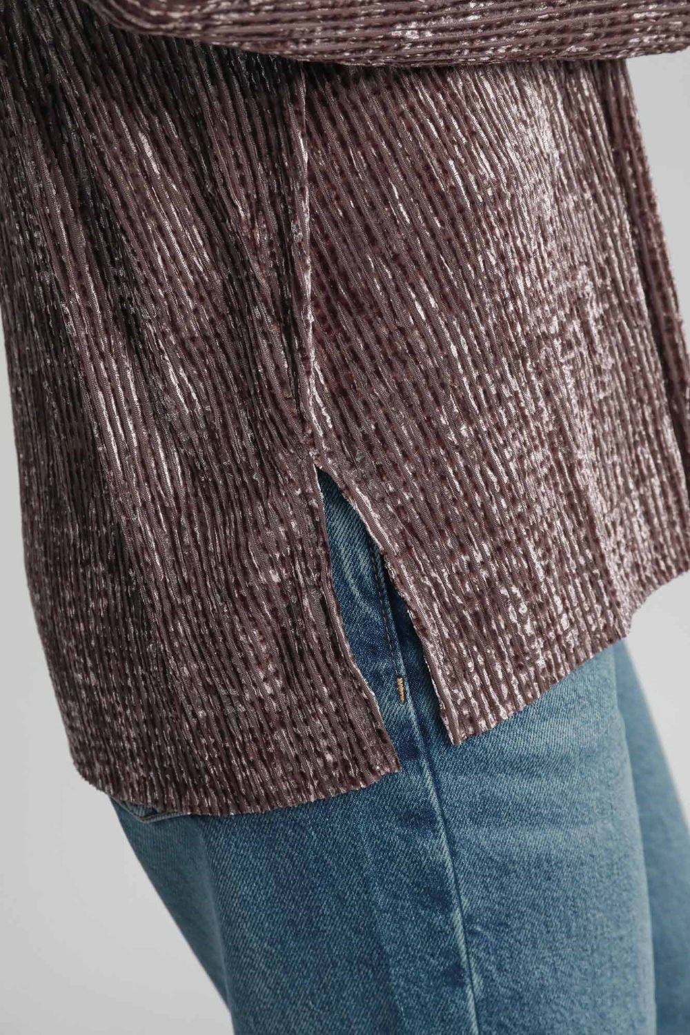 Side Slit Texture Button Up Shirt - Brown