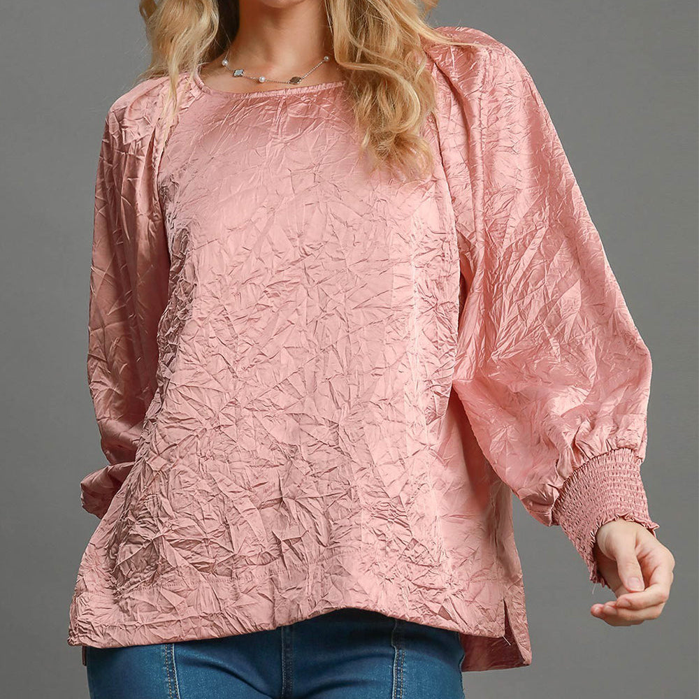 Wrinkled Round Neck Lantern Sleeve Blouse