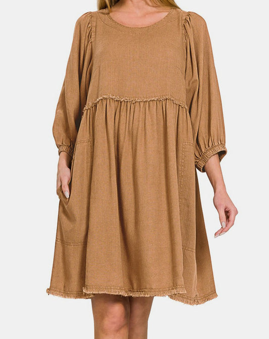 Linen Pleated Puff Sleeve Babydoll Dress