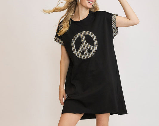 Peace Plaid Applique Short Sleeve Mini Dress