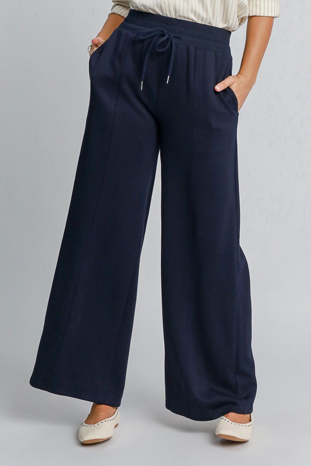 Drawstring Wide Leg Pants with Pockets - Midnight Blue