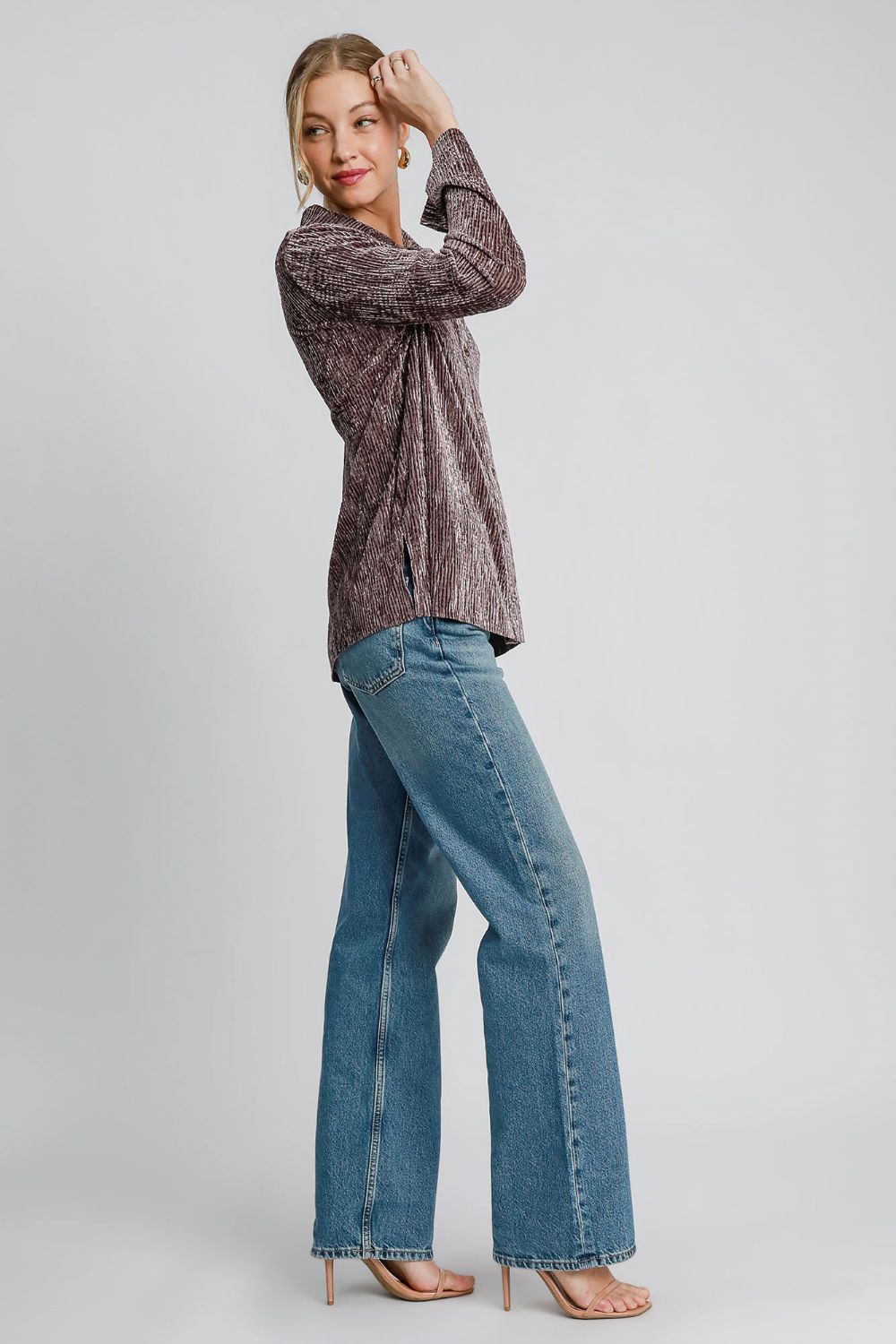 Side Slit Texture Button Up Shirt - Brown