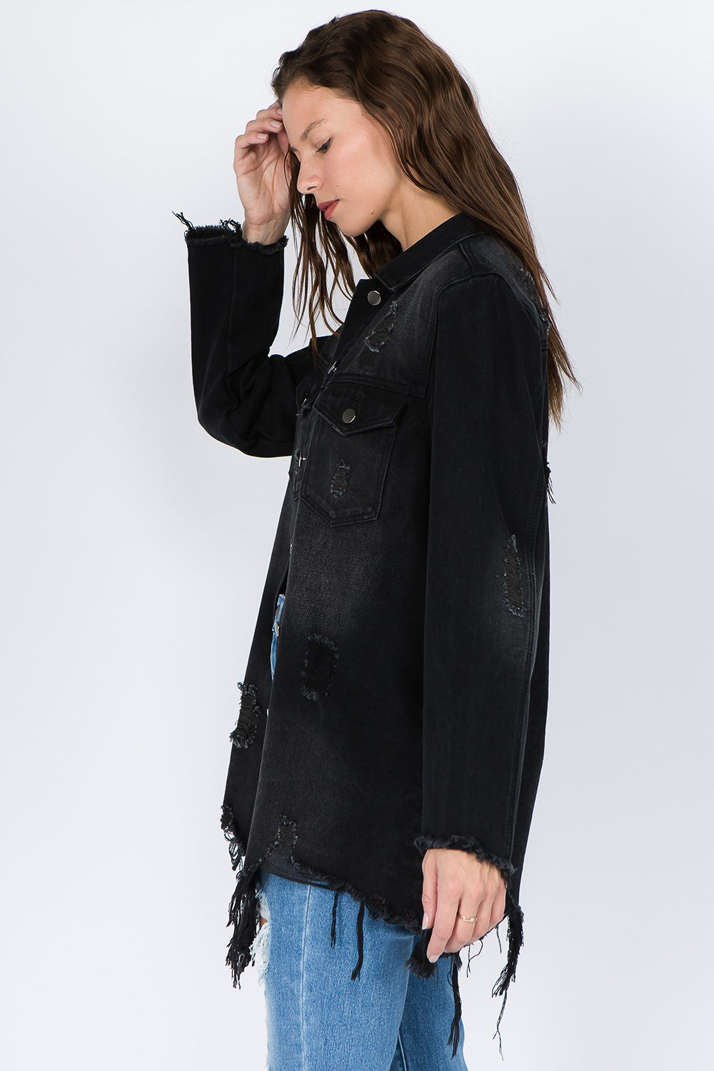 Distressed Frayed Hem Denim Jacket/Shacket