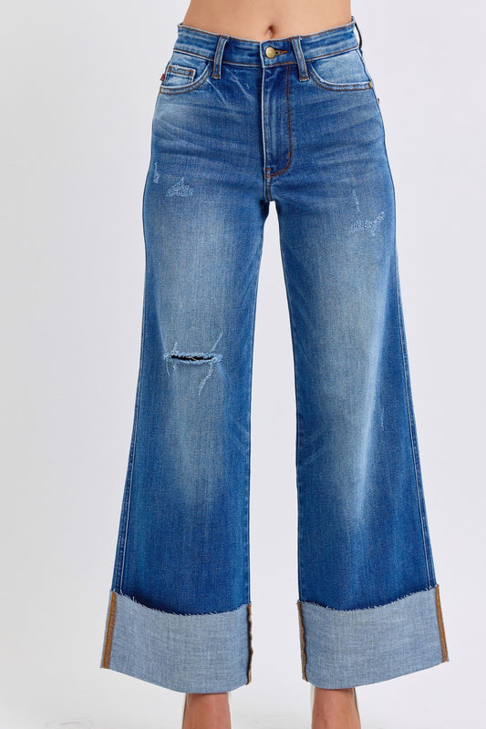 Judy Blue Full Size Distressed High Waist Wide Leg Jeans