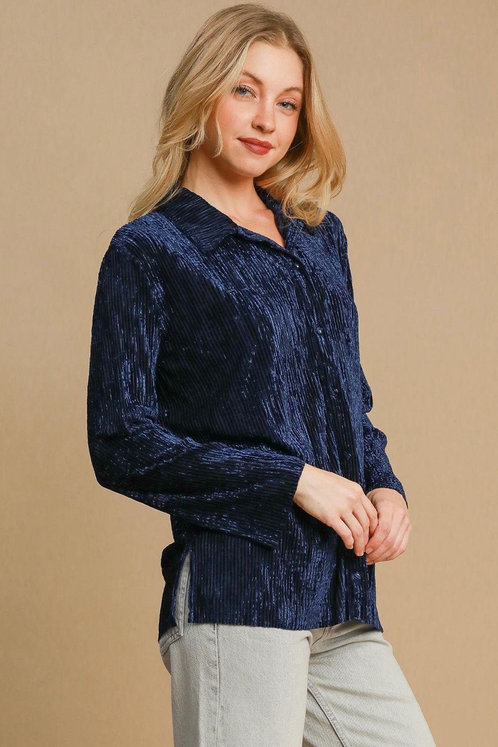 Side Slit Texture Button Up Shirt - Navy