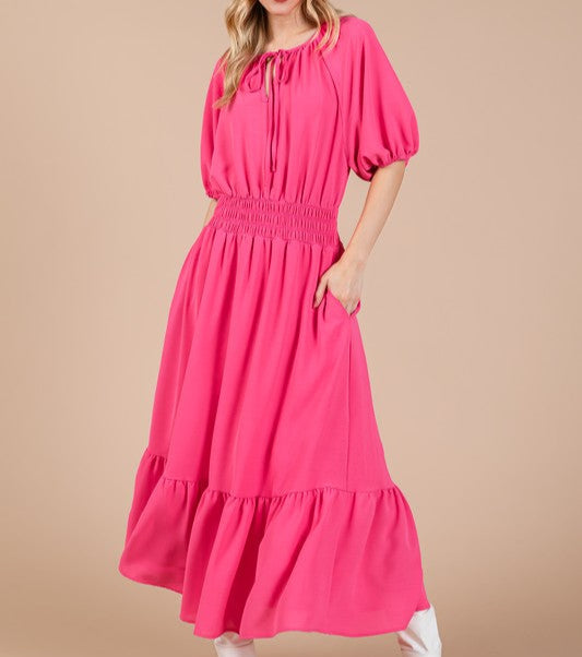 Smocked Elastic Waist Tie Neck Puff Sleeve Dress