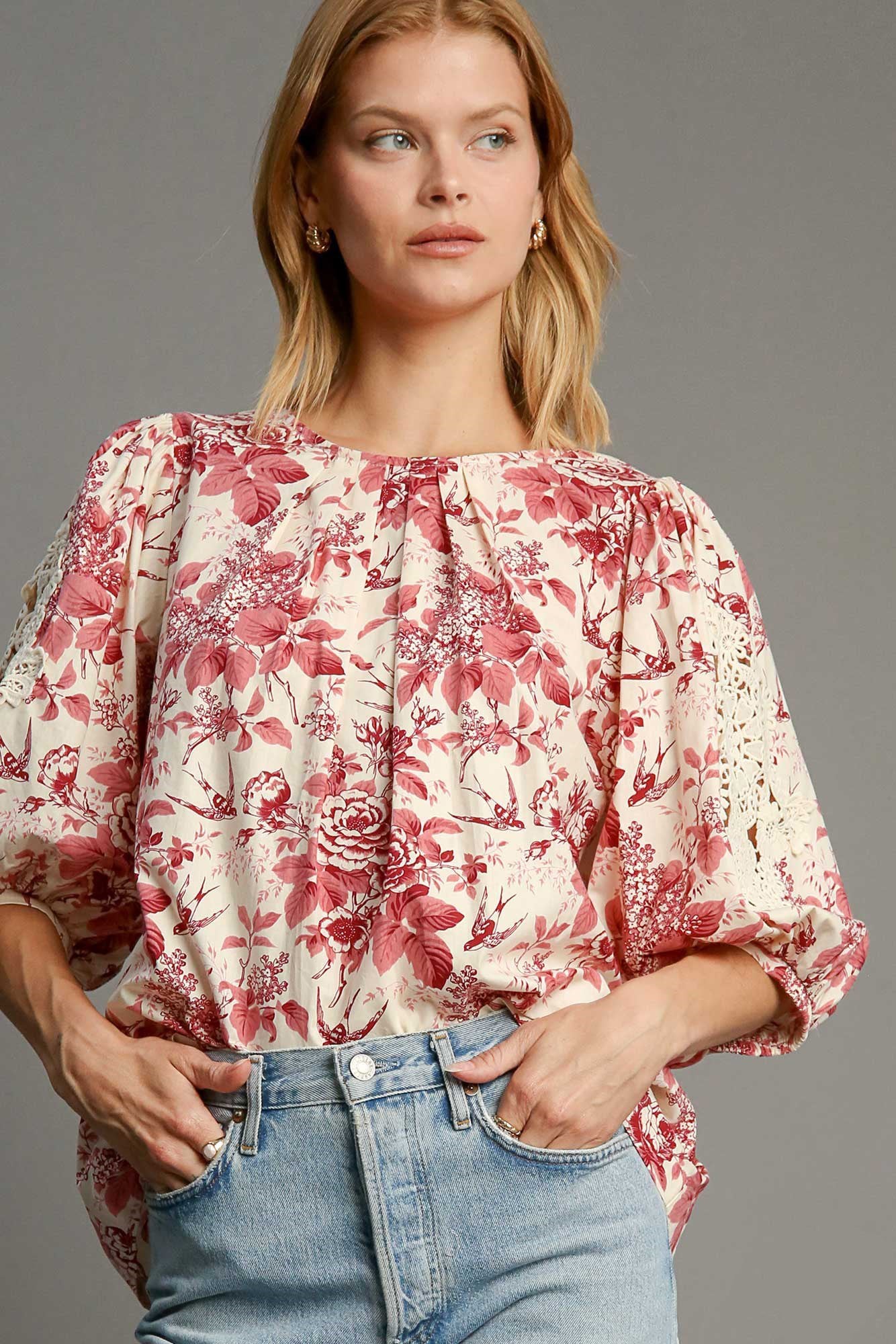 Floral Pleated Detail Lace Trim Sleeve Blouse - Pink Mix