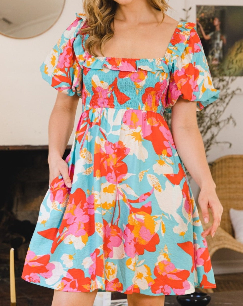 Printed Smocked Puff Sleeve Mini Dress