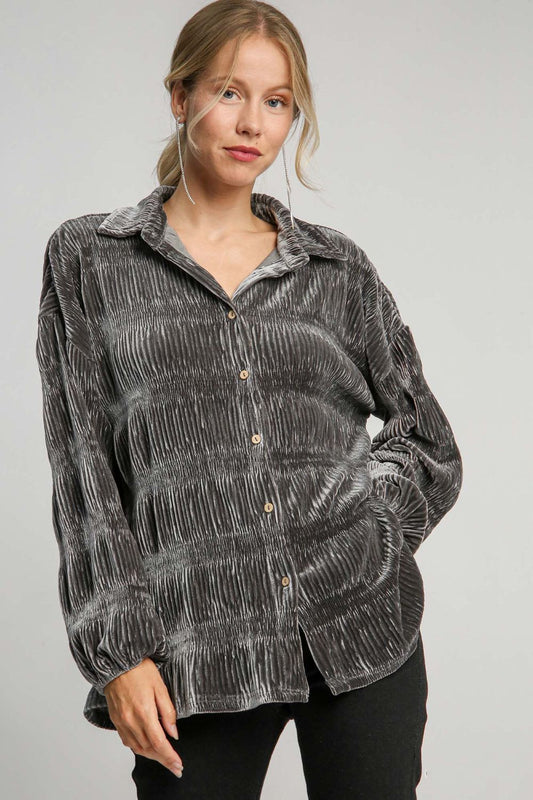 Ruched Tiered Button Up Shirt - Gunmetal Color