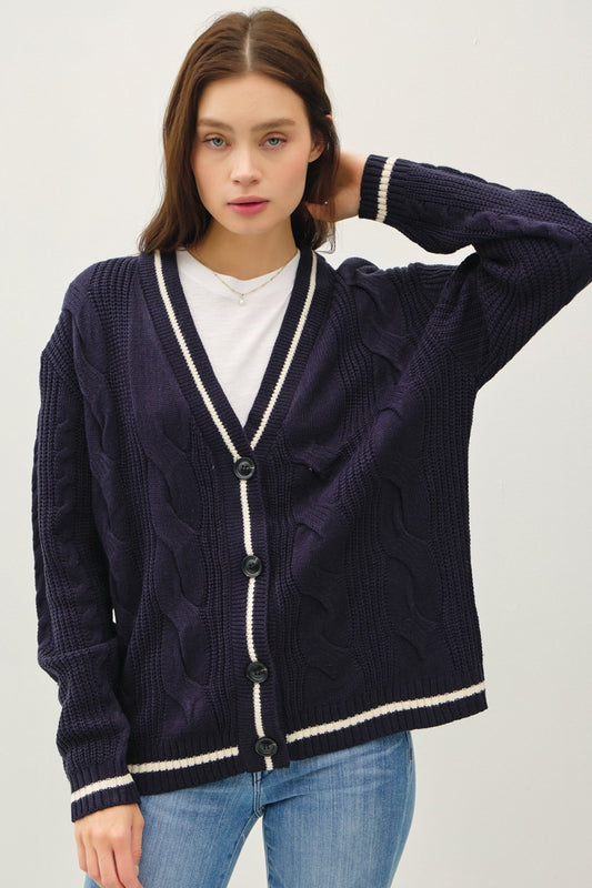 Be Cool Contrast Trim Cable-Knit V-Neck Cardigan