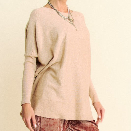 Round Neck Dropped Shoulder Long Sleeve Knit Top