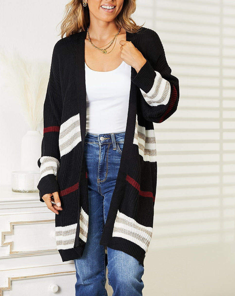 Striped Rib-Knit Drop Shoulder Open Front Cardigan