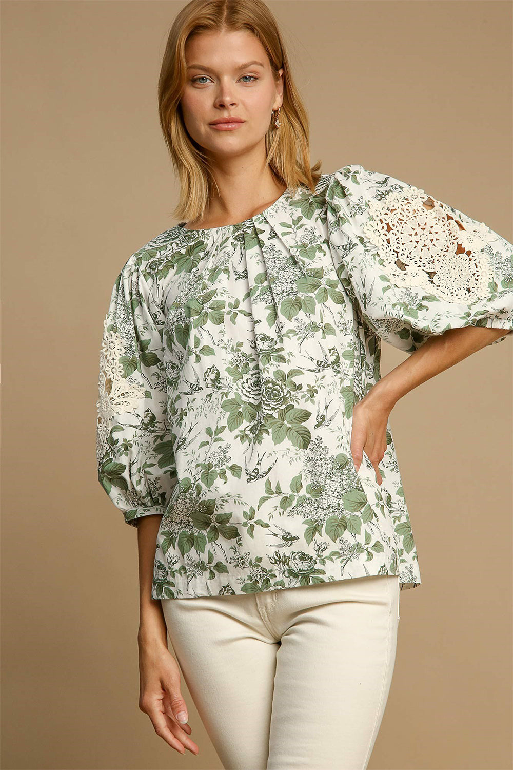 Floral Pleated Detail Lace Trim Sleeve Blouse - Sage