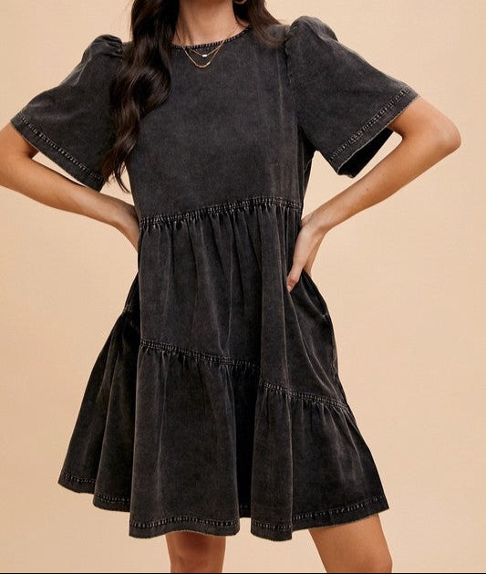 Mineral Washed Round Neck Short Sleeve Denim Dress