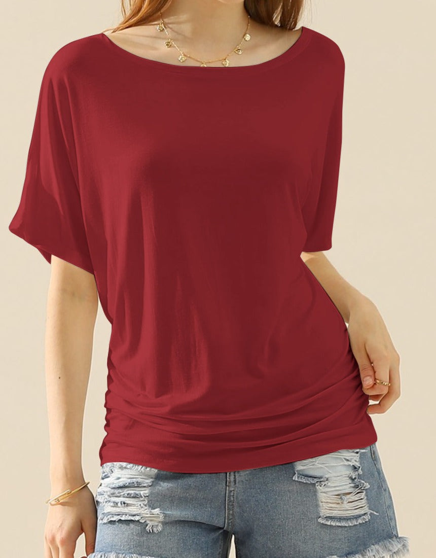 Boat Neck Short Sleeve Ruched Side Top
