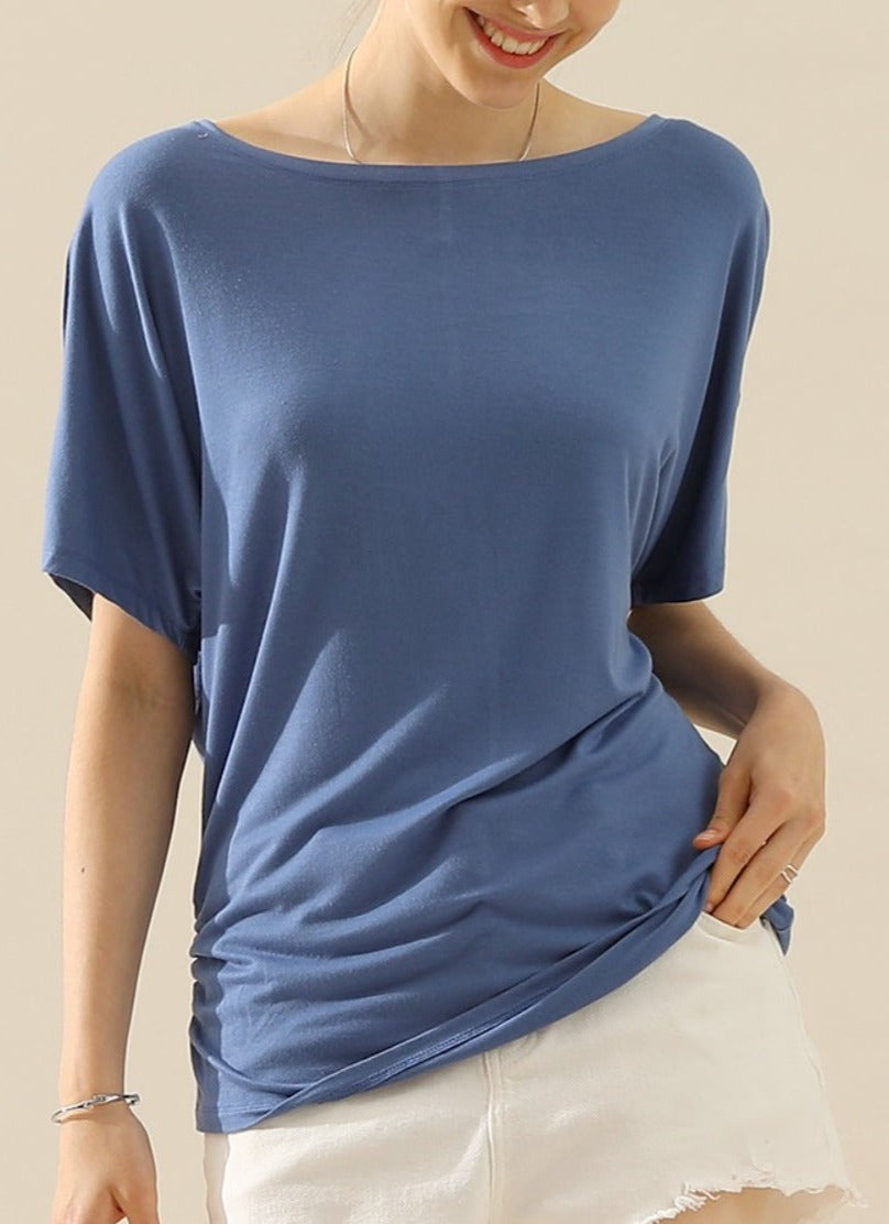 Boat Neck Short Sleeve Ruched Side Top