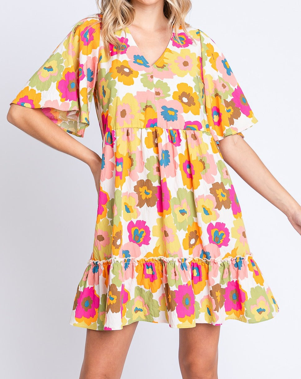 GeeGee Full Size Floral V-Neck Ruffle Trim Mini Dress