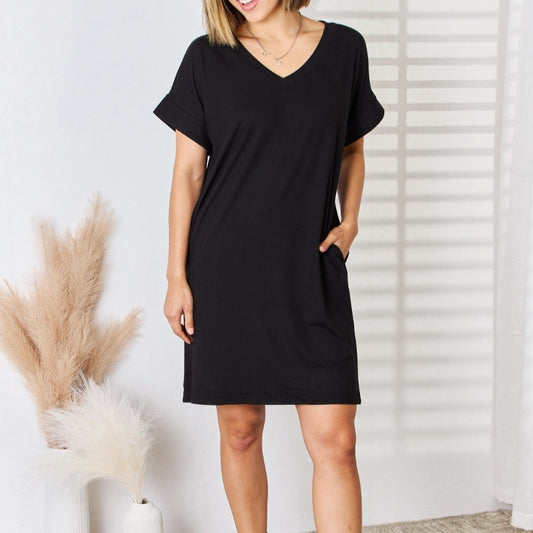 Zenana Full Size Rolled Short Sleeve V-Neck Dress