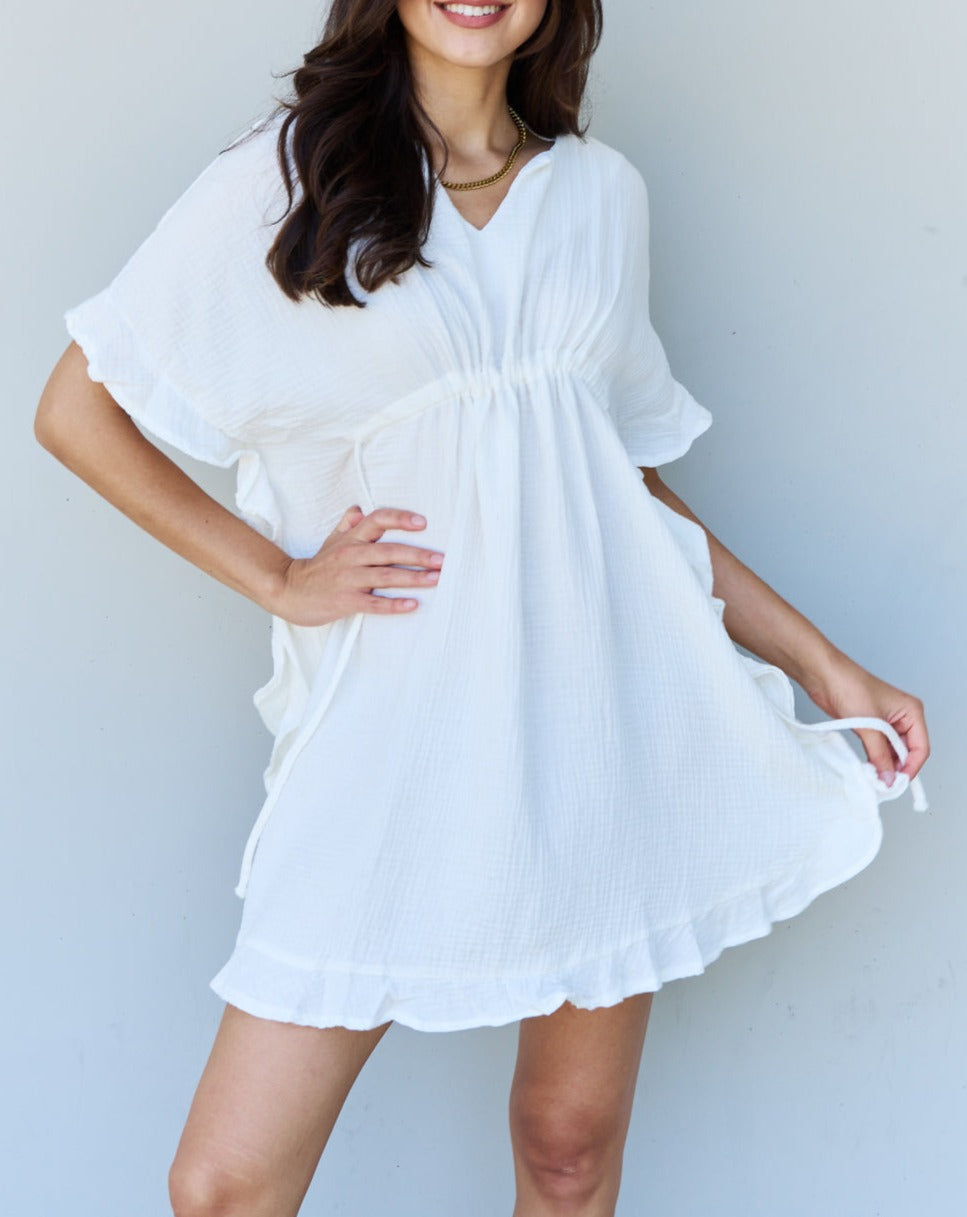 Out Of Time Full Size Ruffle Hem Dress with Drawstring Waistband in White