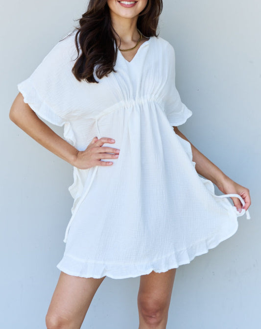 Out Of Time Full Size Ruffle Hem Dress with Drawstring Waistband in White