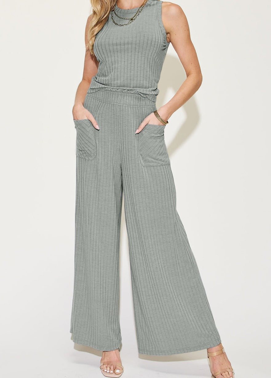 Ribbed Tank and Wide Leg Pants Set