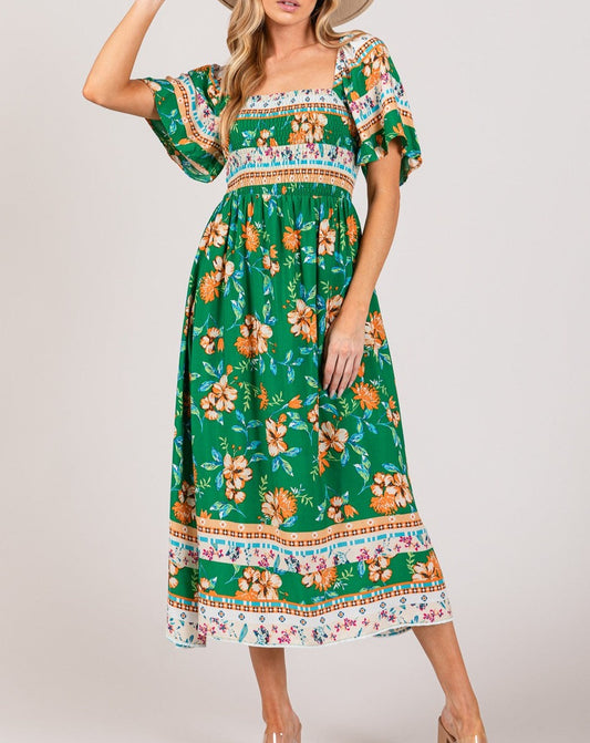 SAGE + FIG Printed Smocked Short Sleeve Midi Dress