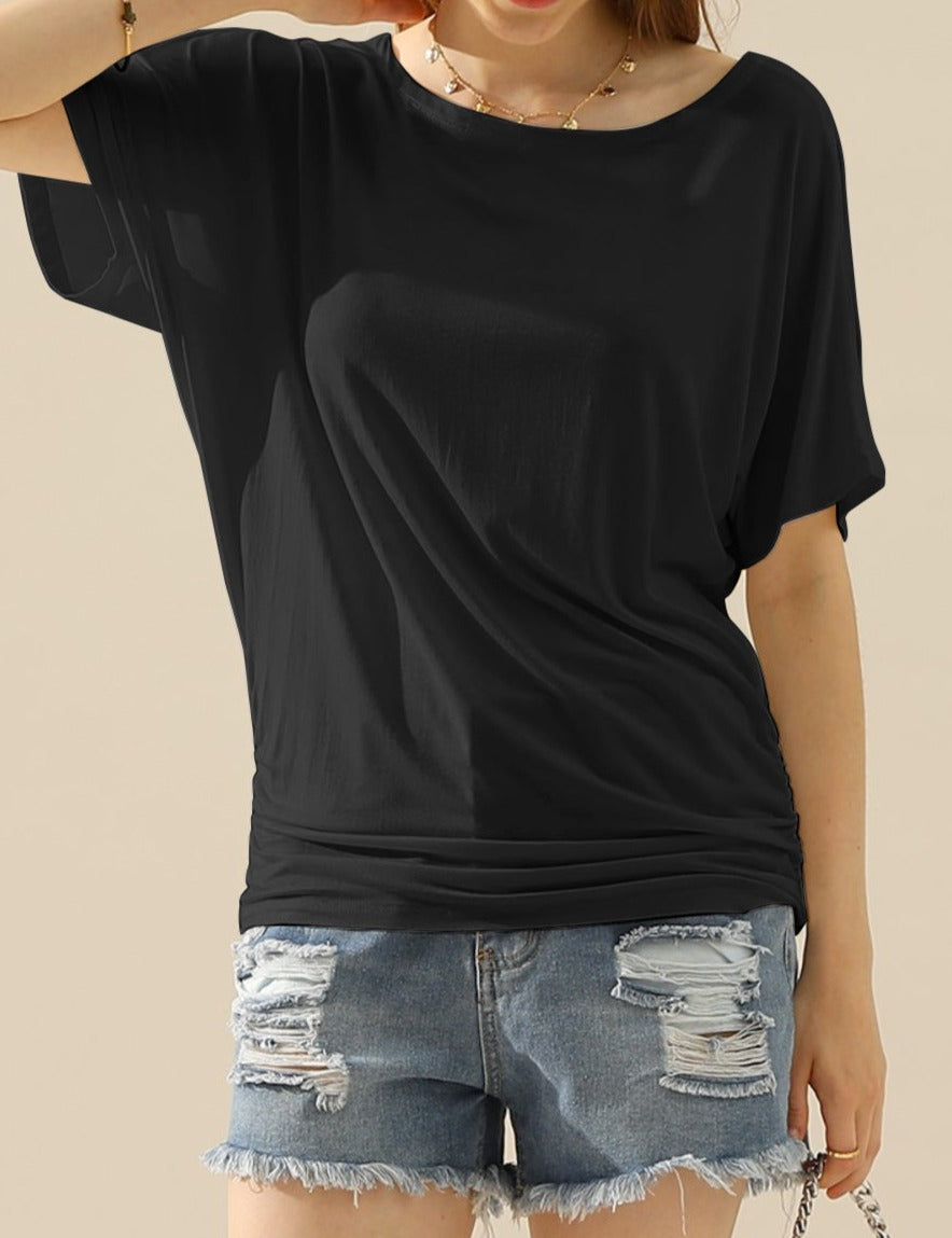 Boat Neck Short Sleeve Ruched Side Top